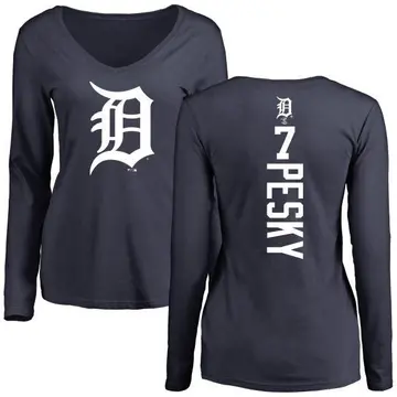 Women's Johnny Pesky Detroit Tigers Backer Slim Fit Long Sleeve T-Shirt - Navy
