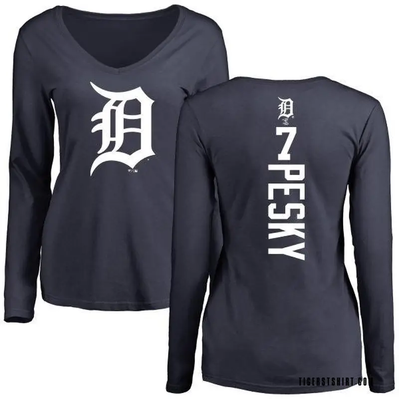 Women's Johnny Pesky Detroit Tigers Backer Slim Fit Long Sleeve T-Shirt - Navy